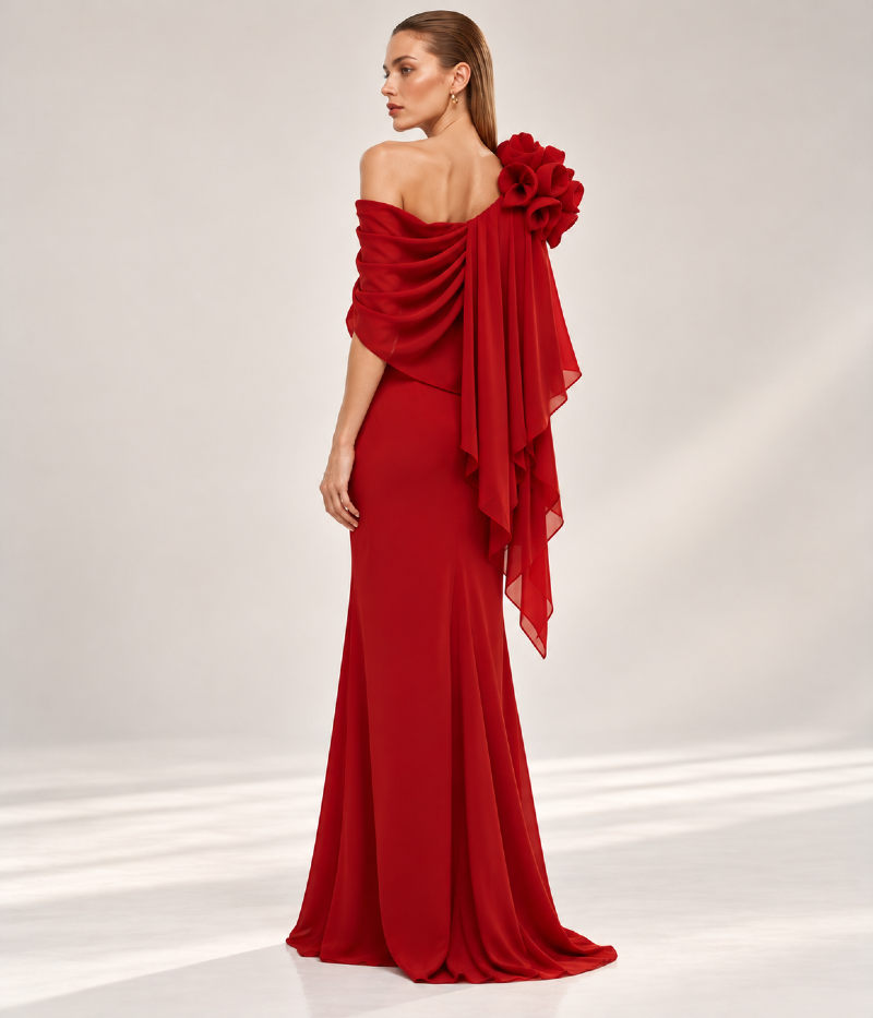 VESTIDO LONGO COM APLICAÇÃO DE TULIPAS