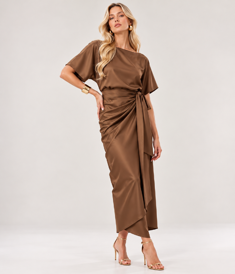 VESTIDO MIDI EM CETIM COM BLUSA AMPLA E SAIA ENVELOPE