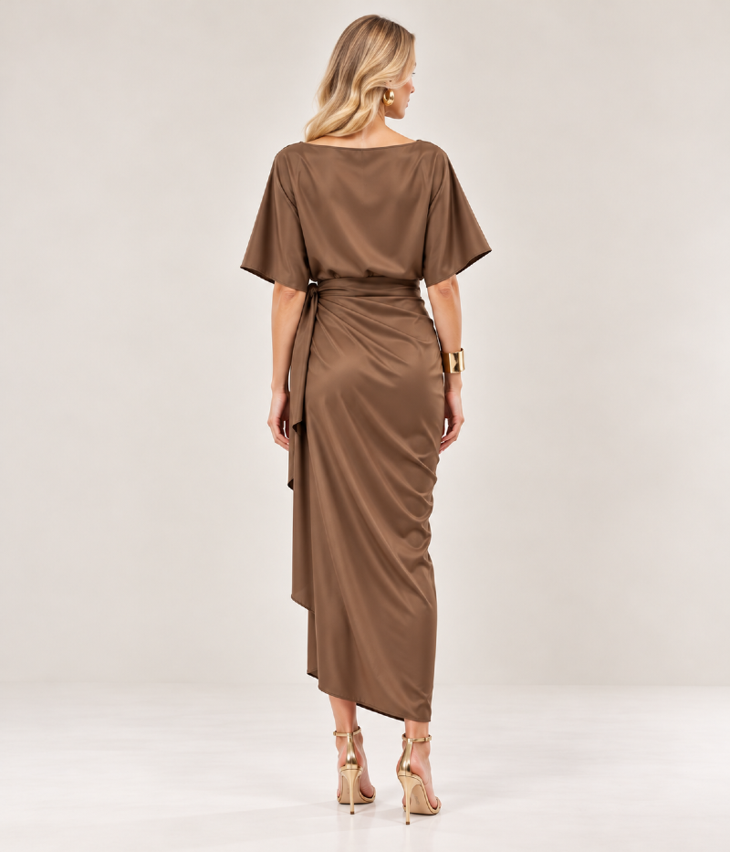 VESTIDO MIDI EM CETIM COM BLUSA AMPLA E SAIA ENVELOPE