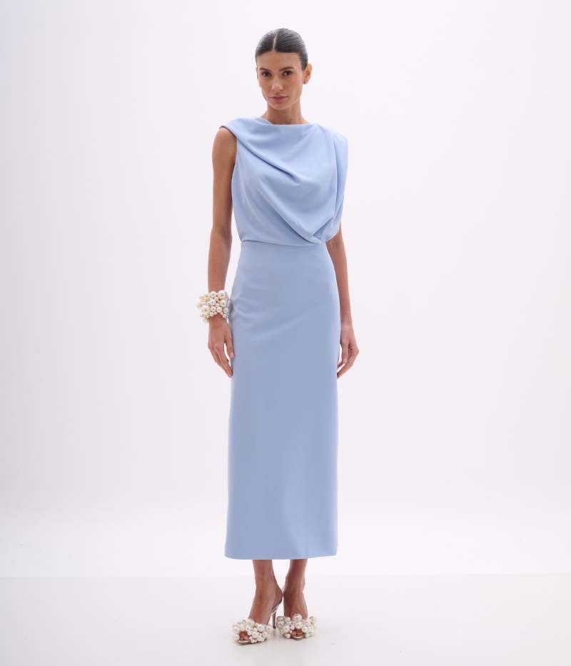 VESTIDO LONGO EM CREPE DE MALHA COM DRAPEADO FRONTAL