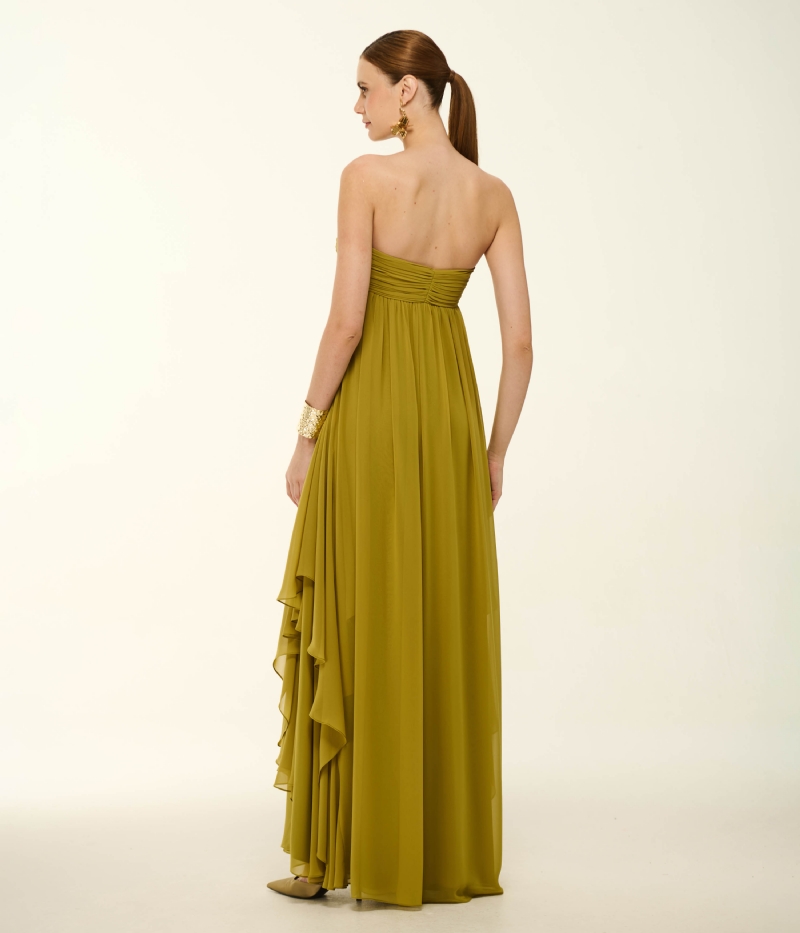 VESTIDO LONGO EM CHIFFON SAAB COM CORPO DRAPEADO E SAIA ETEREA