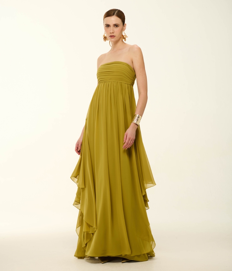 VESTIDO LONGO EM CHIFFON SAAB COM CORPO DRAPEADO E SAIA ETEREA