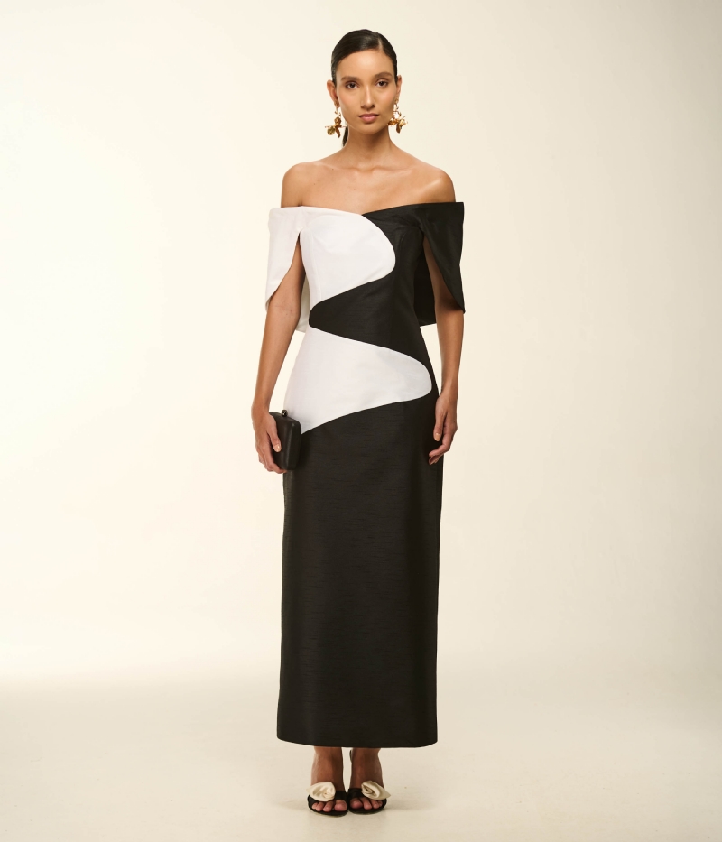 VESTIDO MIDI EM SHANTUNG BICOLOR COM OMBRO A OMBRO ESTRUTURADO