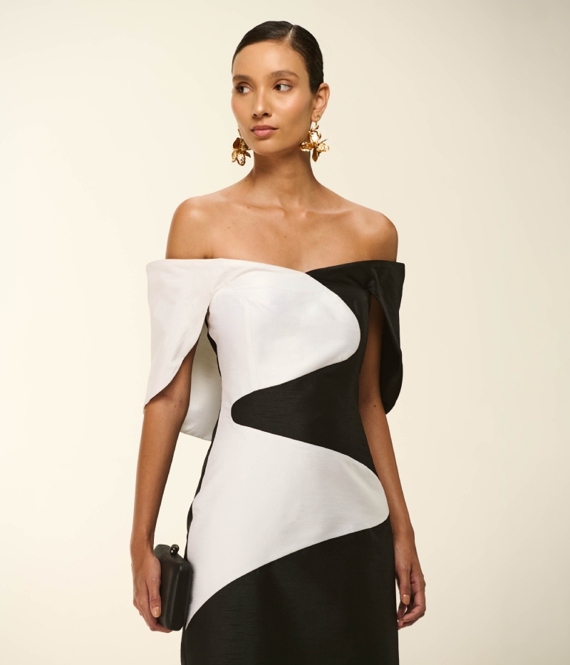 VESTIDO MIDI EM SHANTUNG BICOLOR COM OMBRO A OMBRO ESTRUTURADO