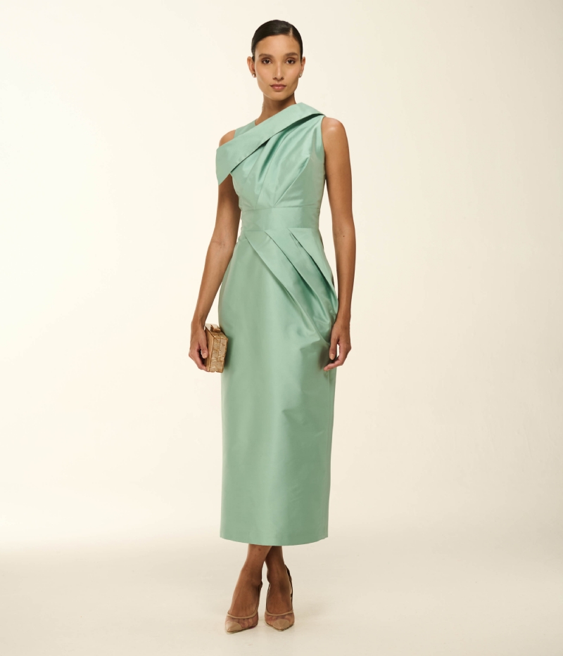 VESTIDO MIDI EM TAFETÁ COM CORPO ESTRUTURADO E SAIA AMPLA