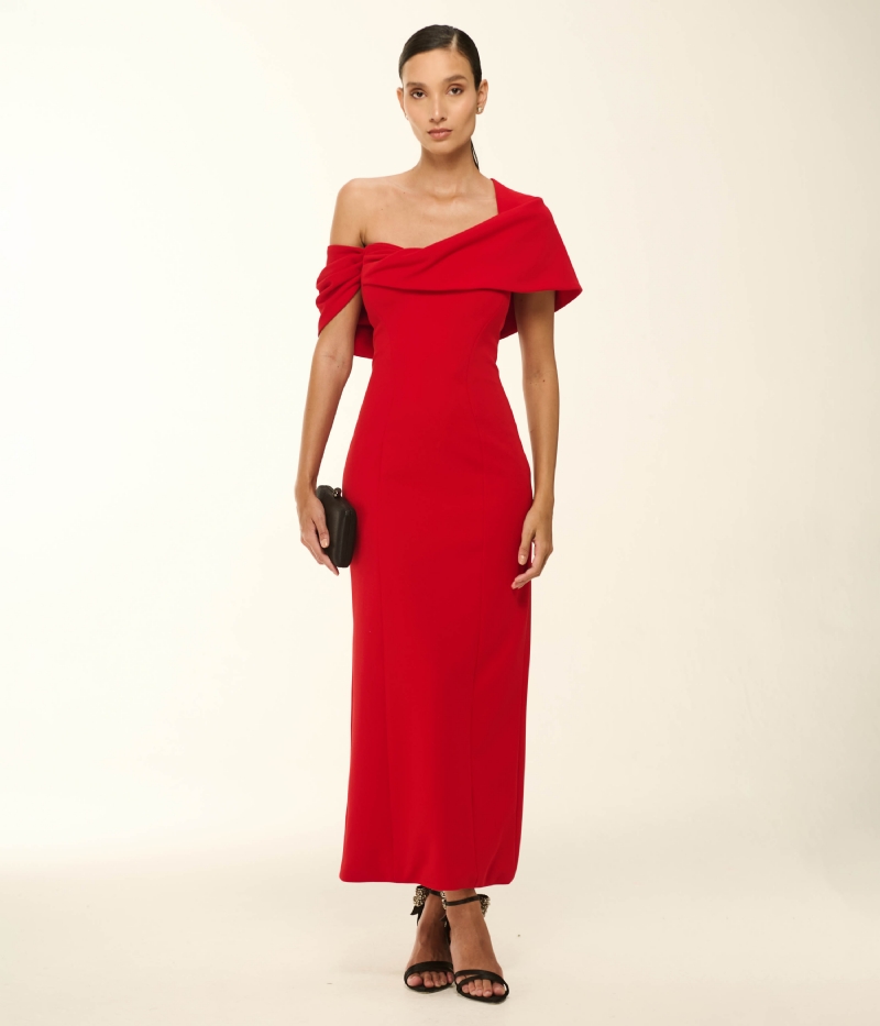 VESTIDO LONGO EM CREPE DE MALHA COM DECOTE ELEGANTE E FENDA POSTERIOR